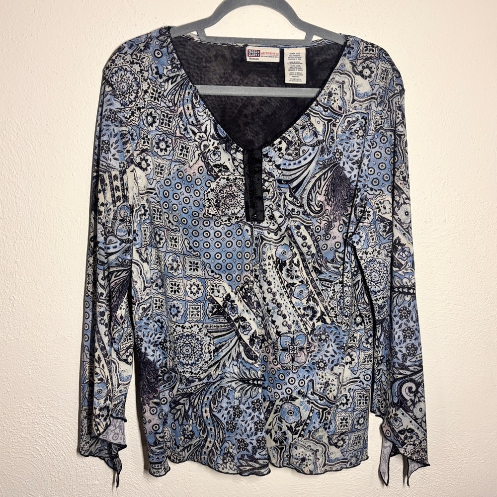 Faded Glory Black and Blue Patterned Blouse
